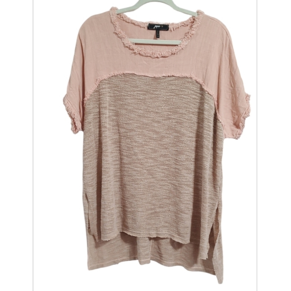 Jupee Pink and Tan Short Sleeve Hi-Low Top
